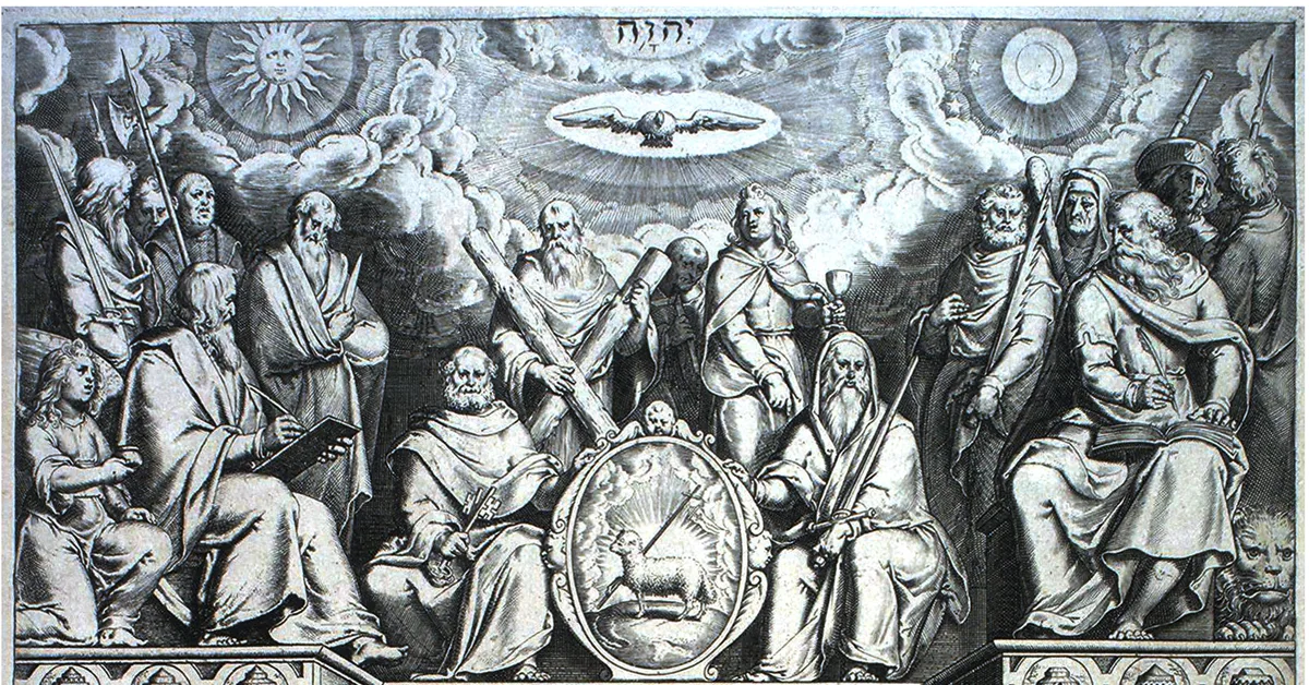 Engraved 1611 King James Bible title page with the apostles above the title and the Lamb at the centre