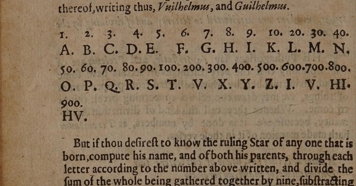 A page from a printed 1651 book with two rows of letters, A to Z, each printed under a number, above a paragraph about computing the value of a name