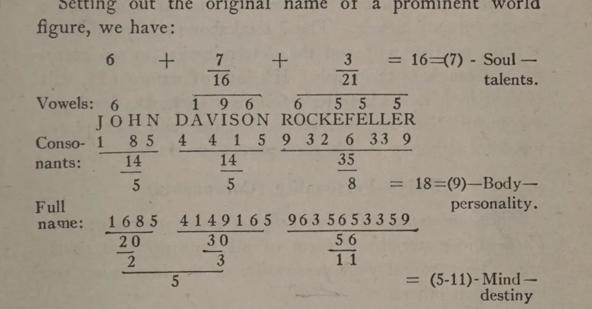 A printed worksheet of a name split into vowel and consonant sums, each column added down to a single digit