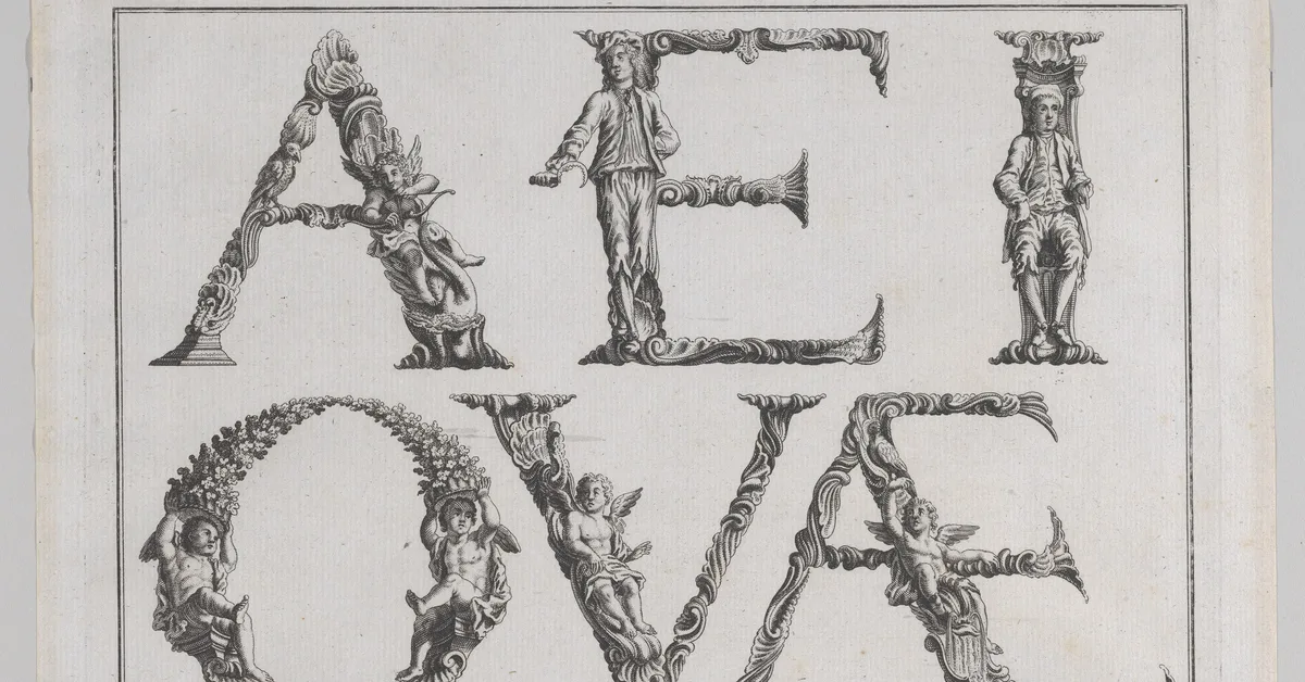 Engraved ornamental vowels, each capital letter built from figures, cherubs and scrolls